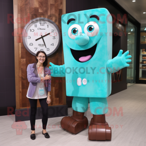 Turquoise Chocolate Bars mascot costume character dressed with a Shift Dress and Watches