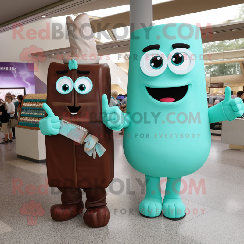 Turquoise Chocolate Bars mascot costume character dressed with a Shift Dress and Watches