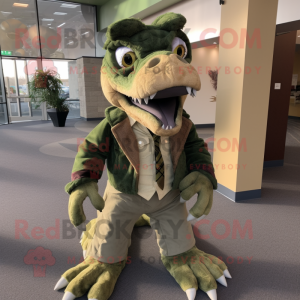 Olive Utahraptor mascot costume character dressed with a Corduroy Pants and Pocket squares