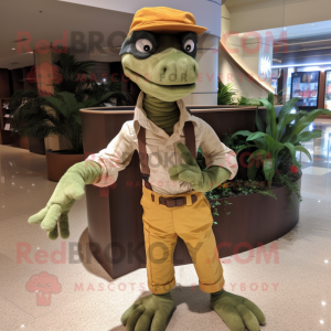 Olive Utahraptor mascot costume character dressed with a Corduroy Pants and Pocket squares