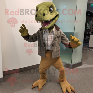 Olive Utahraptor mascot costume character dressed with a Corduroy Pants and Pocket squares