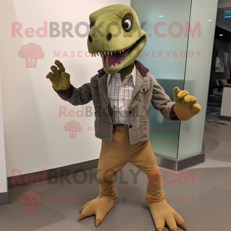 Olive Utahraptor mascot costume character dressed with a Corduroy Pants and Pocket squares