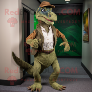 Olive Utahraptor mascot costume character dressed with a Corduroy Pants and Pocket squares