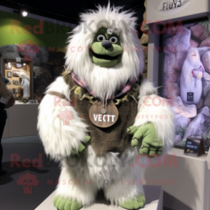 Olive Yeti mascot costume character dressed with a Flannel Shirt and Necklaces