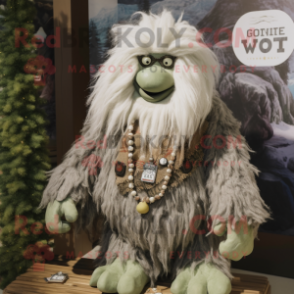 Olive Yeti mascot costume character dressed with a Flannel Shirt and Necklaces