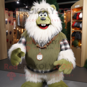 Olive Yeti mascot costume character dressed with a Flannel Shirt and Necklaces