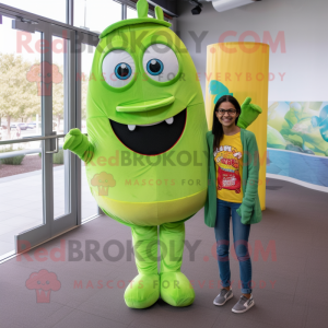 Lime Green Tacos mascot costume character dressed with a Mom Jeans and Ties