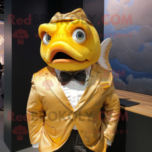Gold Cod mascot costume character dressed with a Cover-up and Bow ties
