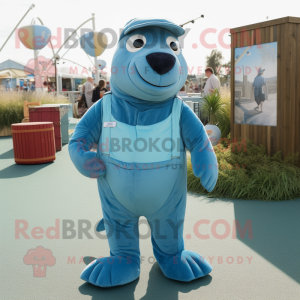 Cyan Sea Lion mascot costume character dressed with a Dungarees and Bow ties