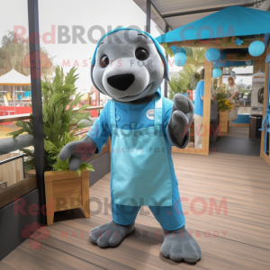 Cyan Sea Lion mascot costume character dressed with a Dungarees and Bow ties