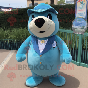 Cyan Sea Lion mascot costume character dressed with a Dungarees and Bow ties