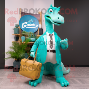Turquoise Brachiosaurus mascot costume character dressed with a Blazer and Messenger bags