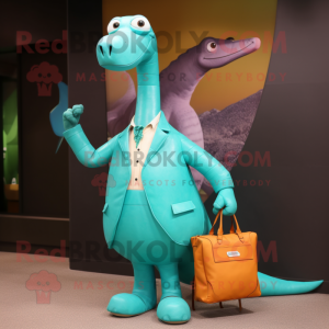 Turquoise Brachiosaurus mascot costume character dressed with a Blazer and Messenger bags