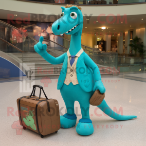 Turquoise Brachiosaurus mascot costume character dressed with a Blazer and Messenger bags