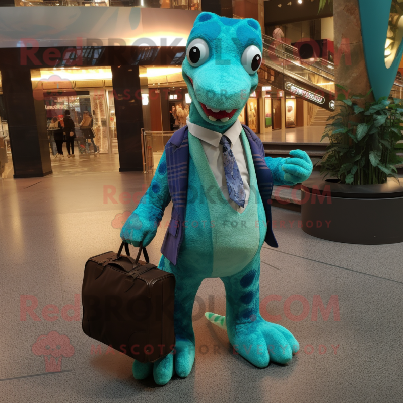 Turquoise Brachiosaurus mascot costume character dressed with a Blazer and Messenger bags