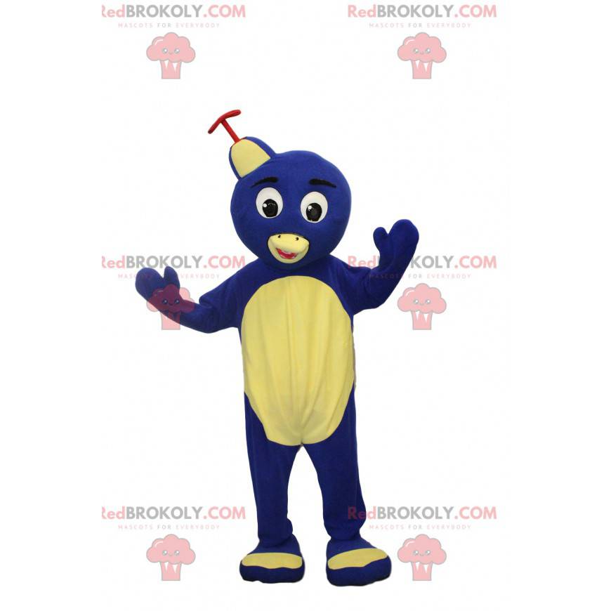 Mascotte de petit pingouin bleu joyeux.Costume de pingouin -