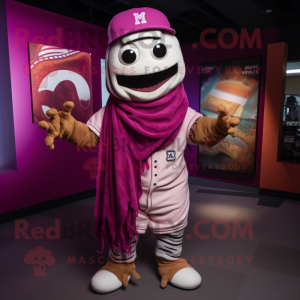 Magenta Mummy mascot costume character dressed with a Baseball Tee and Beanies