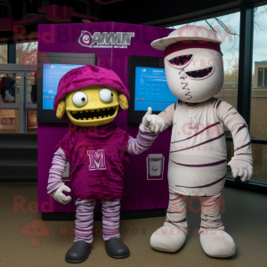 Magenta Mummy mascot costume character dressed with a Baseball Tee and Beanies