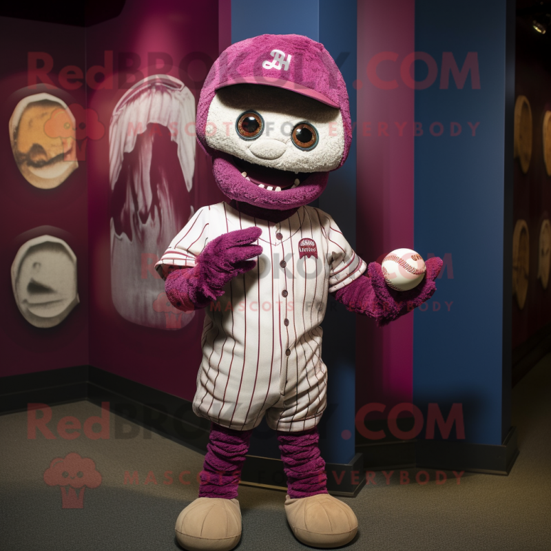 Magenta Mummy mascot costume character dressed with a Baseball Tee and Beanies