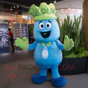 Blue Celery mascot costume character dressed with a Polo Shirt and Foot pads