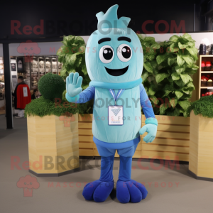 Blue Celery mascot costume character dressed with a Polo Shirt and Foot pads