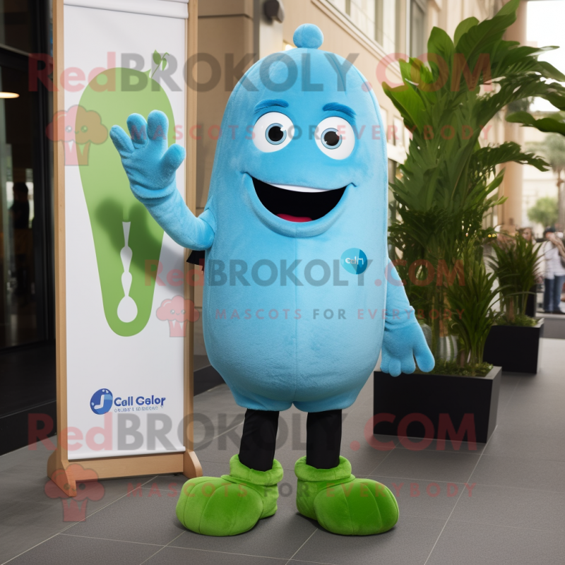 Blue Celery mascot costume character dressed with a Polo Shirt and Foot pads