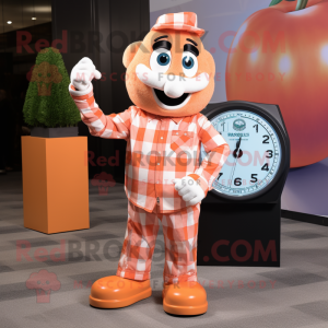 Peach Wrist Watch mascot costume character dressed with a Flannel Shirt and Cufflinks