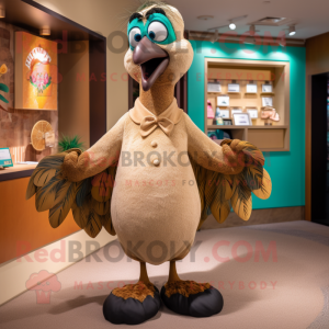 Tan Peacock mascot costume character dressed with a Romper and Cufflinks