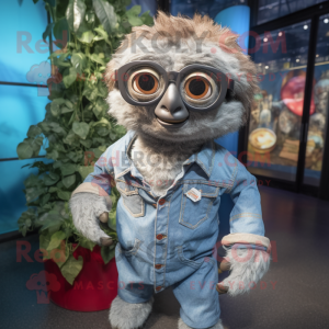 Silver Sloth mascot costume character dressed with a Denim Shorts and Eyeglasses