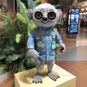 Silver Sloth mascot costume character dressed with a Denim Shorts and Eyeglasses