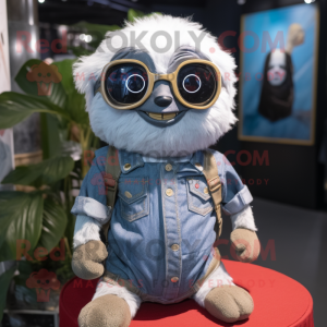 Silver Sloth mascot costume character dressed with a Denim Shorts and Eyeglasses