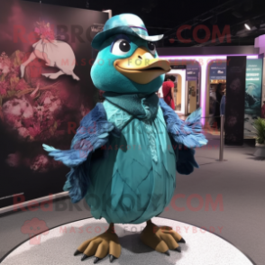 Teal Pigeon mascot costume character dressed with a Mini Dress and Hats