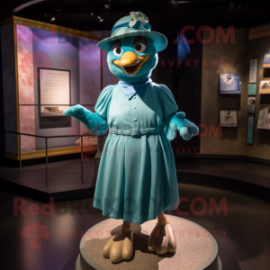 Teal Pigeon mascot costume character dressed with a Mini Dress and Hats