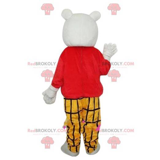 Eisbärenmaskottchen mit einem gelb karierten Outfit -