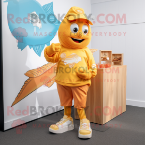 Gold Fish And Chips mascot costume character dressed with a Henley Shirt and Shoe laces