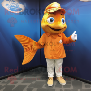 Gold Fish And Chips mascot costume character dressed with a Henley Shirt and Shoe laces