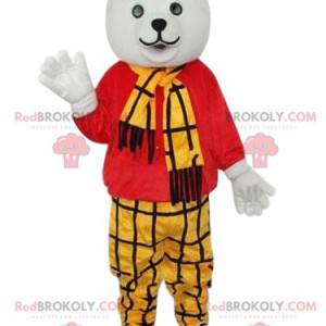 Mascote do urso polar com uma roupa xadrez amarela -