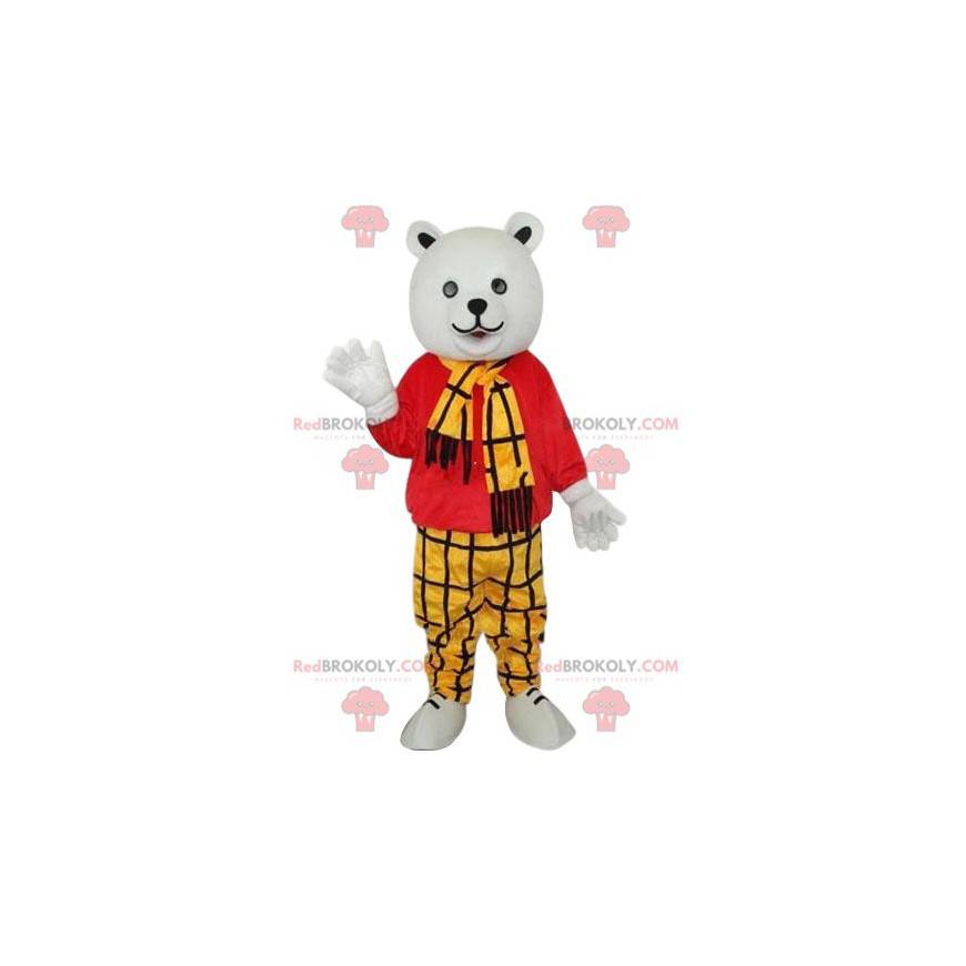 Mascote do urso polar com uma roupa xadrez amarela -