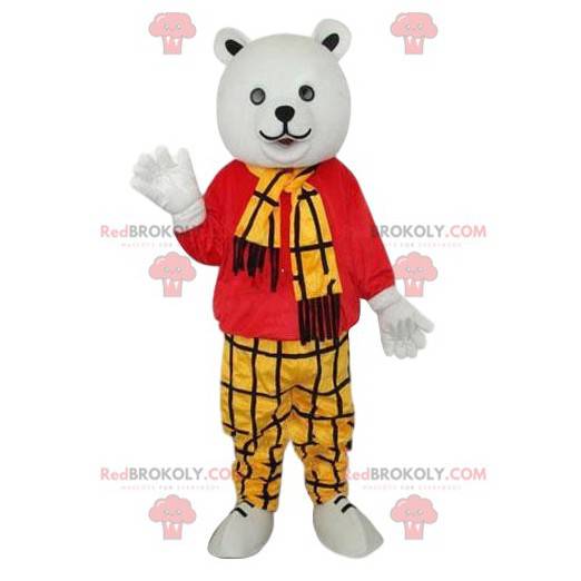 Mascotte dell'orso polare con un vestito a scacchi giallo -