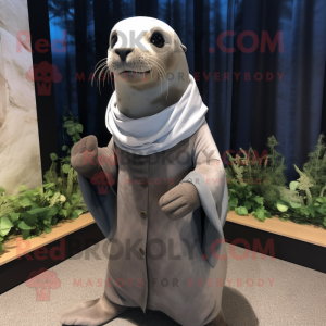 Gray Sea Lion mascot costume character dressed with a A-Line Dress and Scarves