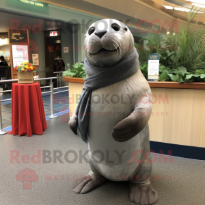 Gray Sea Lion mascot costume character dressed with a A-Line Dress and Scarves