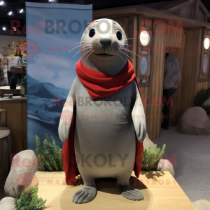 Gray Sea Lion mascot costume character dressed with a A-Line Dress and Scarves