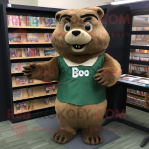 Brown Beaver mascot costume character dressed with a A-Line Skirt and Reading glasses