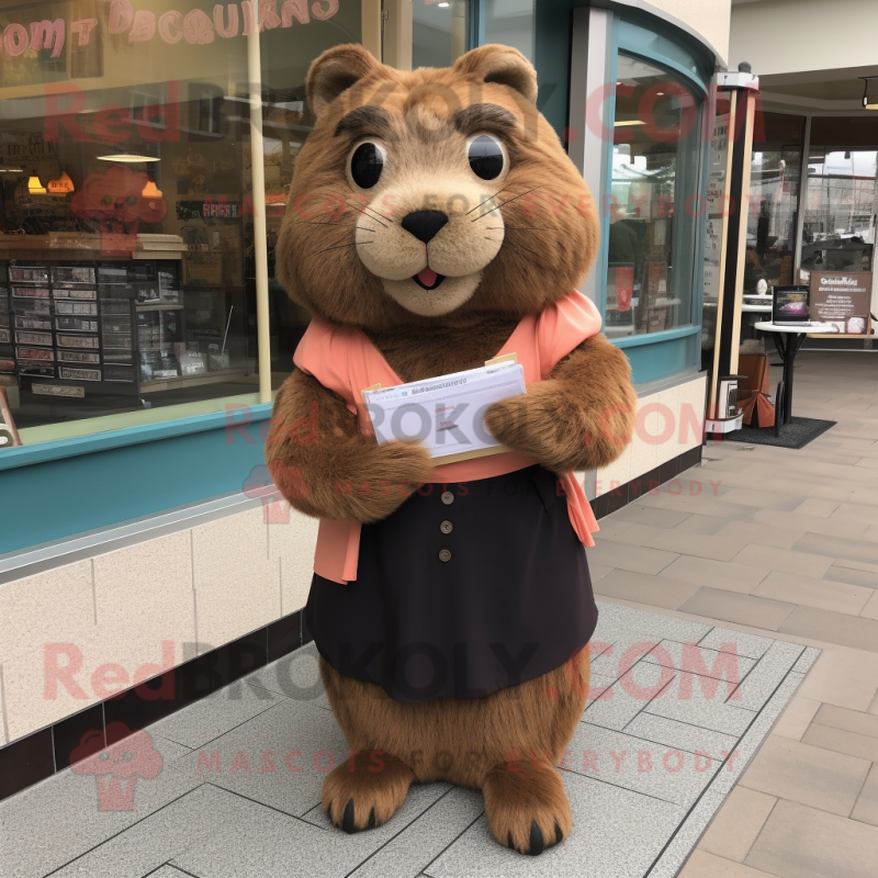 Brown Beaver mascot costume character dressed with a A-Line Skirt and Reading glasses