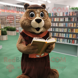 Brown Beaver mascot costume character dressed with a A-Line Skirt and Reading glasses