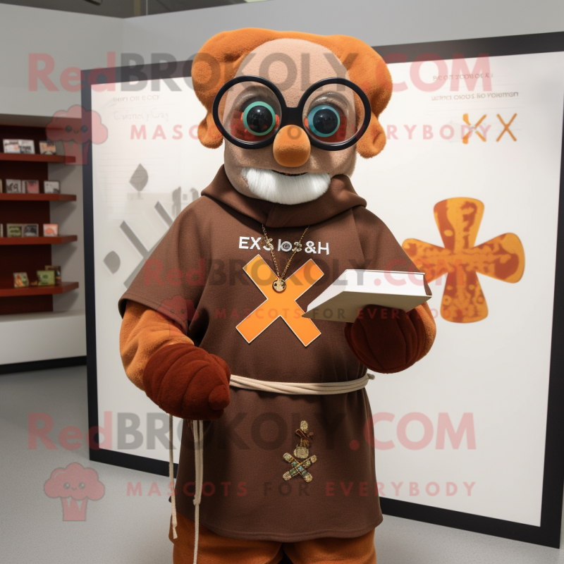 Rust Celtic Cross mascot costume character dressed with a Sweatshirt and Reading glasses Rust Celtic Cross mascot costume character dressed with a Sweatshirt and Reading glasses