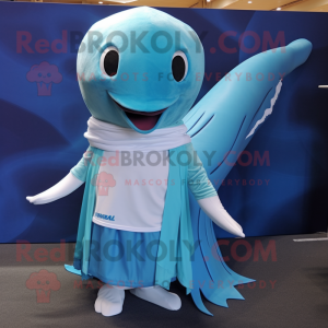 Cyan Humpback Whale mascot costume character dressed with a Mini Skirt and Wraps