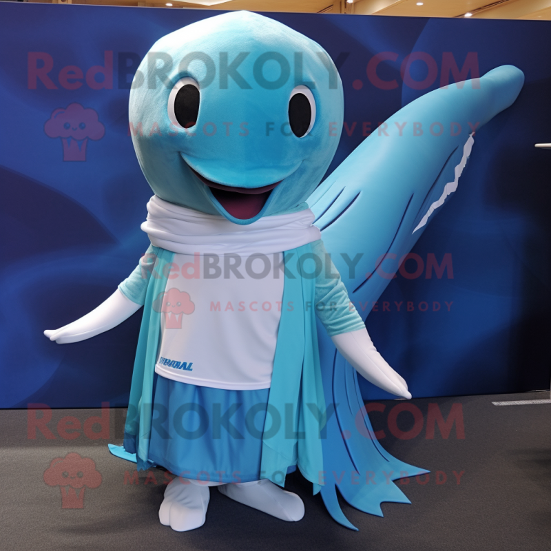 Cyan Humpback Whale mascot costume character dressed with a Mini Skirt and Wraps