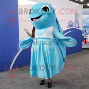 Cyan Humpback Whale mascot costume character dressed with a Mini Skirt and Wraps