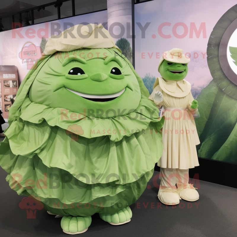 Cream Cabbage Leaf mascot costume character dressed with a Wrap Skirt and Coin purses Cream Cabbage Leaf mascot costume character dressed with a Wrap Skirt and Coin purses